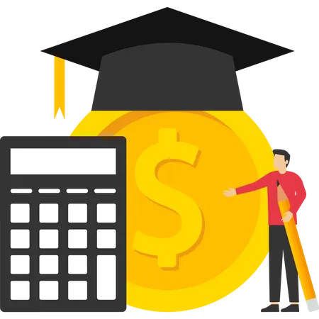 Student Loan Calculation Concept Postgraduate Student Standing With Mortarboard Cap Calculator Education Budget Allocation University Fees Debt Repayment Scholarship Payment Concept Illustration
