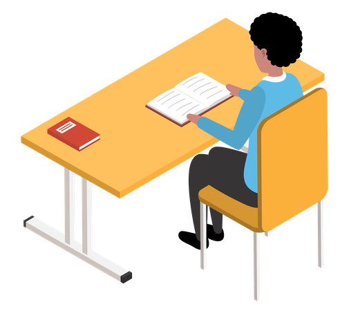 Student male character in library reading book sitting at table  Illustration