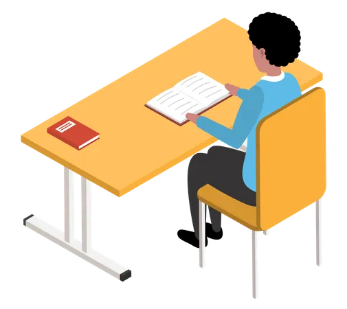 Student male character in library reading book sitting at table  Illustration