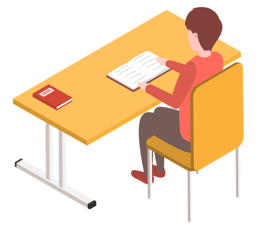 Student male character in library reading book sitting at table  Illustration