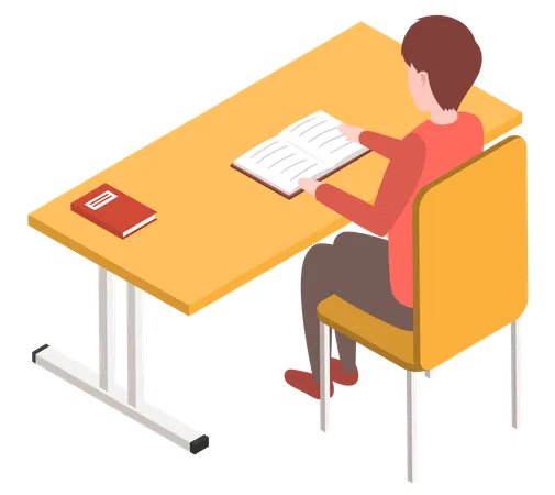 Student male character in library reading book sitting at table  Illustration