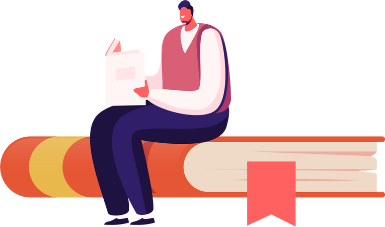 Student Male with Textbook Sit on Top of Books Pile Illustration