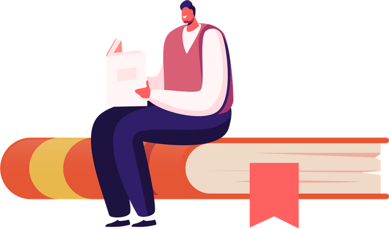 Student Male with Textbook Sit on Top of Books Pile  Illustration