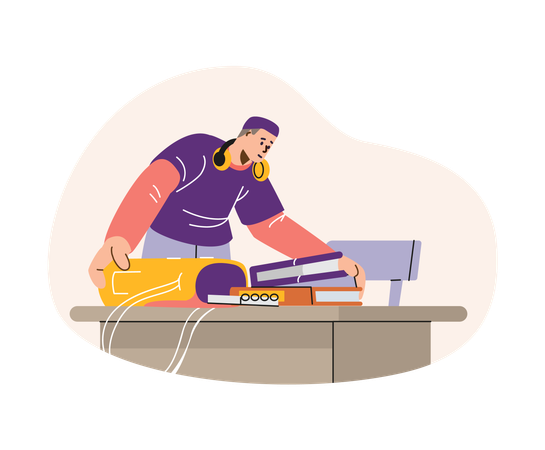 Student organizing study materials at desk with laptop  Illustration