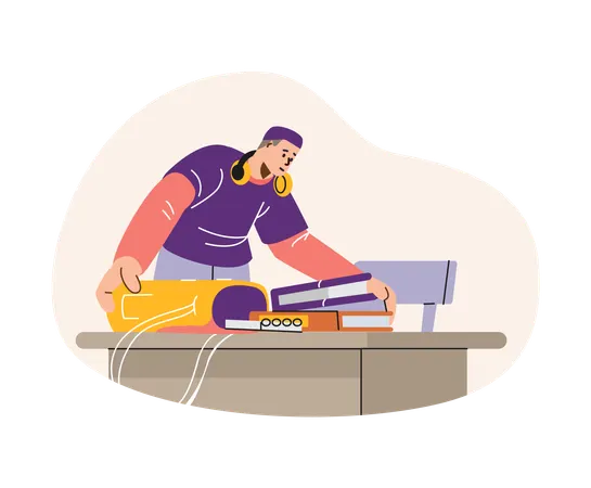 Student organizing study materials at desk with laptop  Illustration