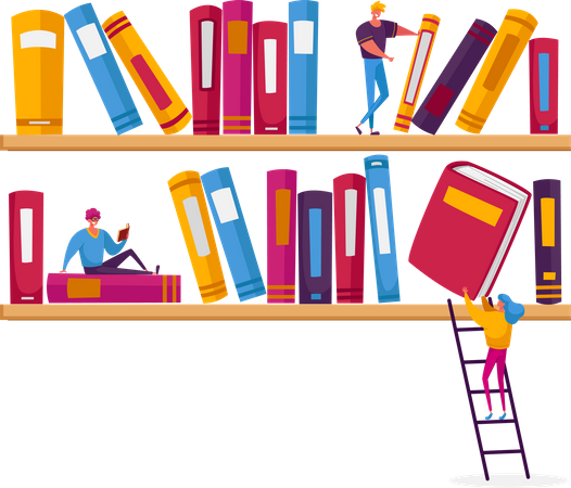 Student Read and Study in Library Illustration