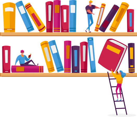 Student Read and Study in Library Illustration