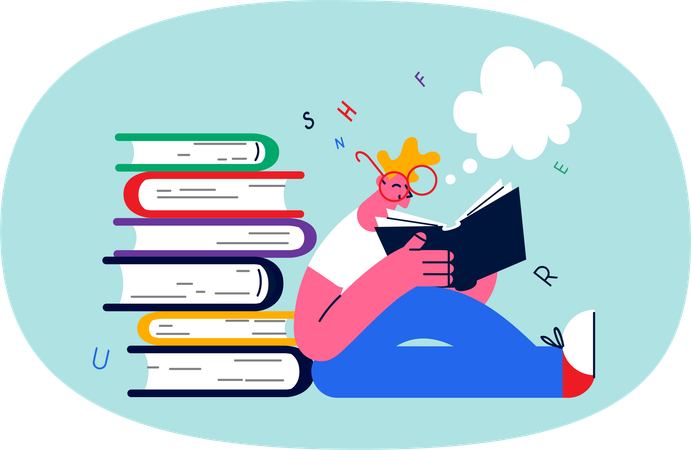 Student reading book during exam preparation  Illustration