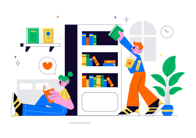 Student reading book in library  Illustration
