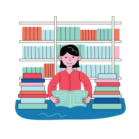 Student reading books in the library Illustration