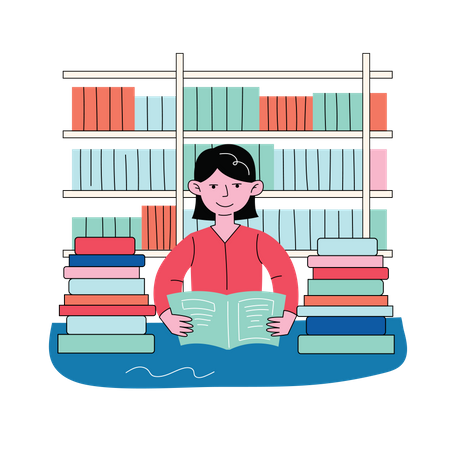 Student reading books in the library  Illustration