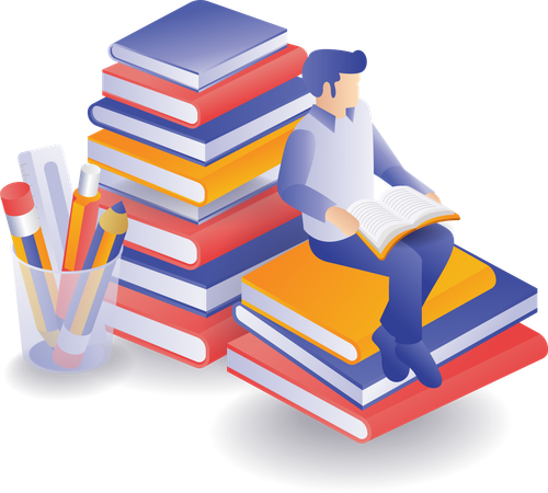 Student reading on stack of books  イラスト
