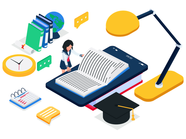 Student reading online book at smarthphone Illustration