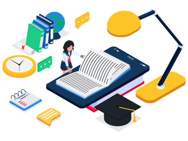 Student reading online book at smarthphone  Illustration