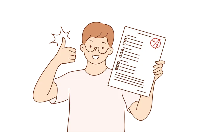 Childhood Education Study Success Like Concept Young Happy Cheerful Smiling Boy Pupil Character Standing With Test Exam Results Showing Thumbs Up Successful Goal Achievement And Back To School Illustration