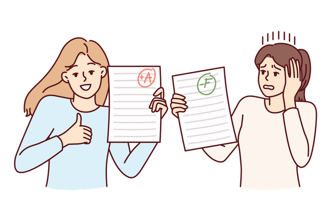 Student scoring good and bad in test  イラスト