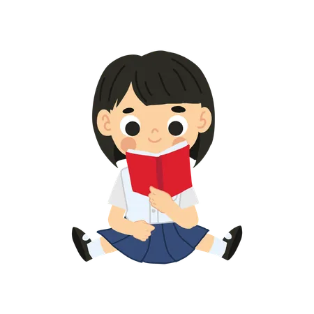 Learning And Study Concept Adorable Thai Student Cartoon Sitting And Reading Book Illustration