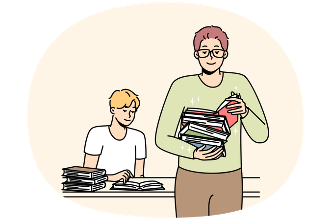 Student sitting and standing with piles of books in library  Illustration