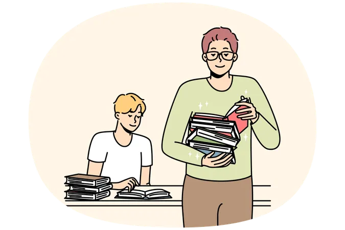 Student sitting and standing with piles of books in library  Illustration