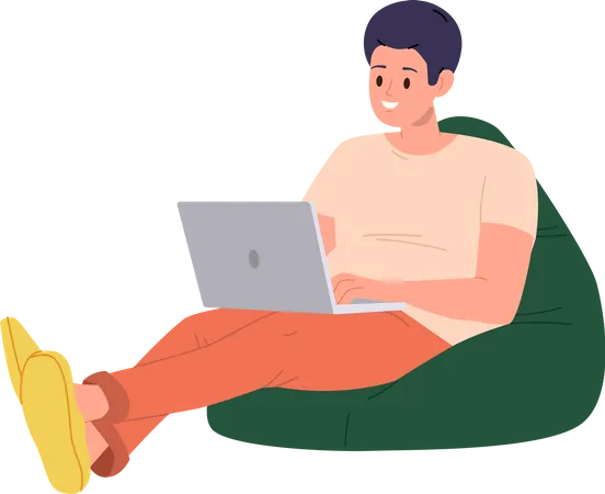 Young man freelancer sitting on soft bean bag with laptop computer  Illustration