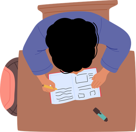 Student sitzt am Schreibtisch und schreibt in Notizbuch  Illustration