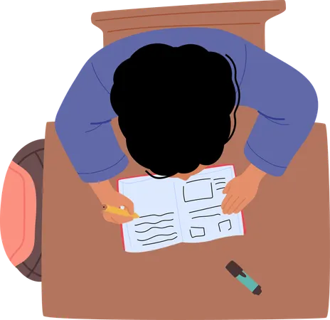 Student sitzt am Schreibtisch und schreibt in Notizbuch  Illustration