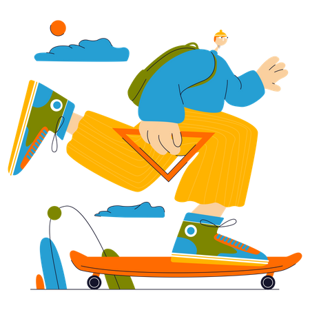 Student skates to university  Illustration