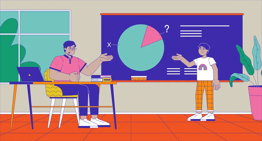 Student solving math problem with teacher at blackboard  Illustration