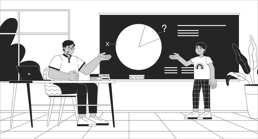 Student solving math problem with teacher at blackboard  Illustration