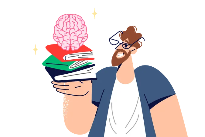 Man Student Studies From Books To Prepare For Exams At University Holds Textbooks And Brain In Hand Adult Man Became Student Again To Improve Professional Qualifications And Gain New Knowledge Illustration
