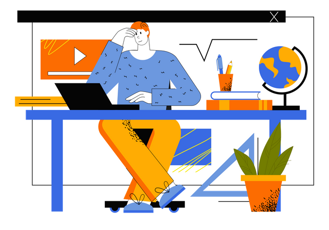 Student Studies Remotely Using Laptop  일러스트레이션
