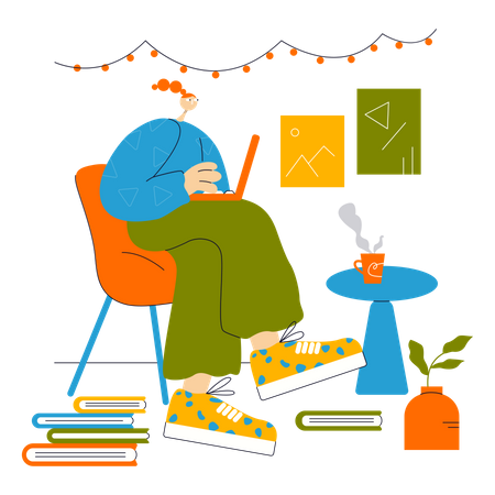 Student studying at home on laptop Illustration