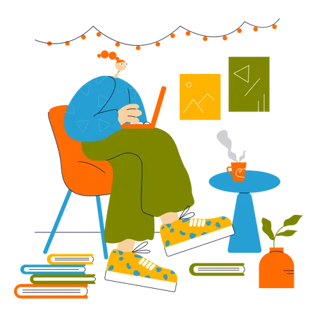 Student studying at home on laptop  Illustration