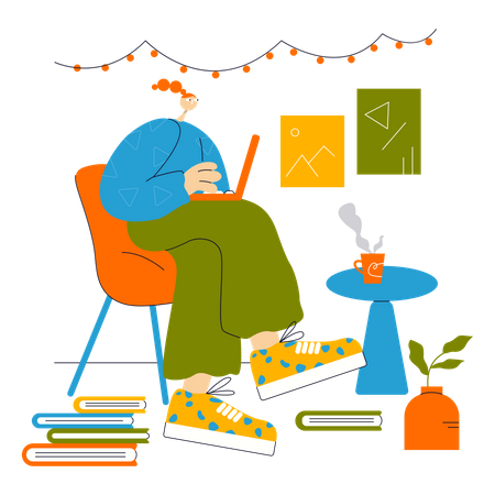 Student studying at home on laptop  Illustration