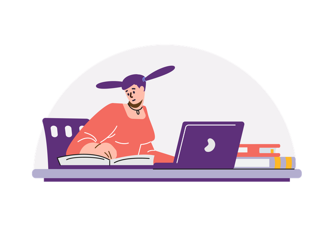 Student studying with books and laptop  Illustration
