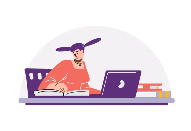 Student studying with books and laptop  Illustration
