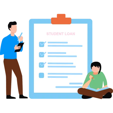 Boy And Girl Are Checking List On Student Loan Illustration