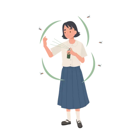 Dengue Fever Prevention Young Thai Student Using Mosquito Spray For Shields Against Zika Illustration