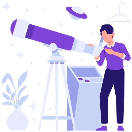 Student views galaxy from telescope  Illustration