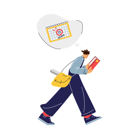 Student walking and reading with thought bubble showing calendar marked with exam date  Illustration