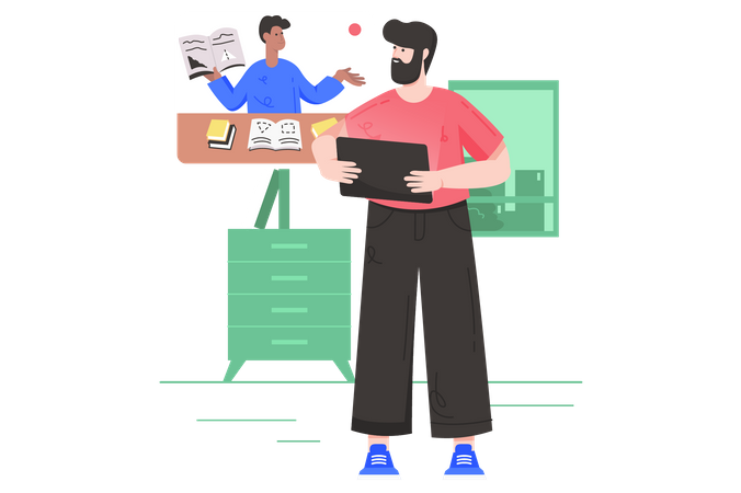 Student watches video lecture using tablet  イラスト
