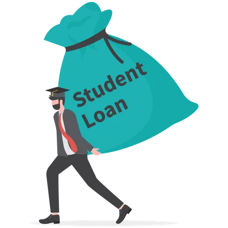 Student wearing graduation ceremony suit holding heavy expensive student loan money bag Illustration