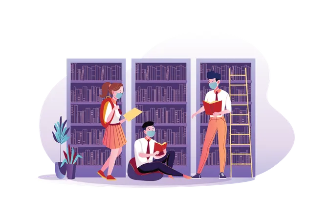 Student wearing mask and studying in the library Illustration