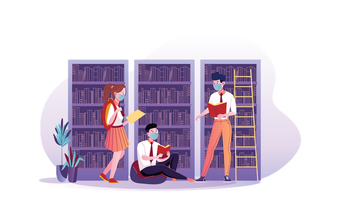 Student wearing mask and studying in the library  Illustration