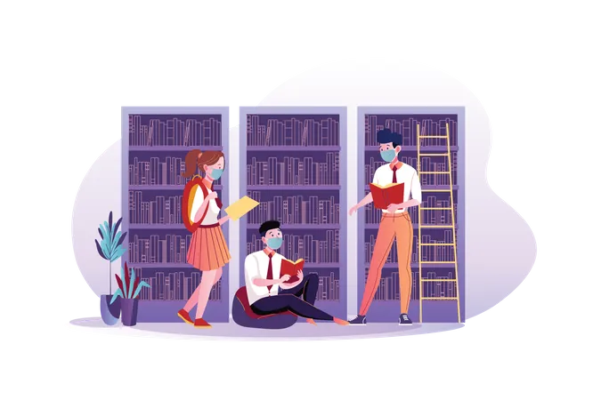 Student wearing mask and studying in the library  Illustration