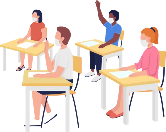 Student Wearing Mask Sitting on Study Table in Classroom Illustration