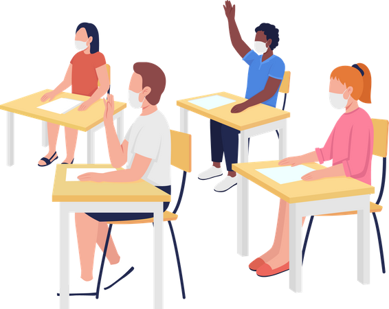 Student Wearing Mask Sitting on Study Table in Classroom  Illustration