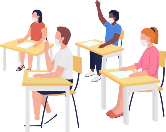 Student Wearing Mask Sitting on Study Table in Classroom  Illustration