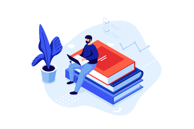 Student with laptop sitting on books stack at home  Illustration