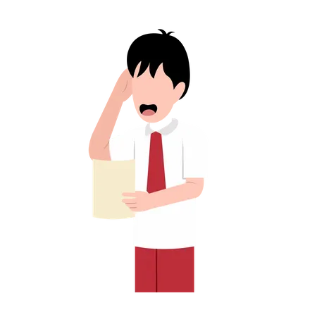 Confused Indonesian Elementary Student With Paper Test Illustration